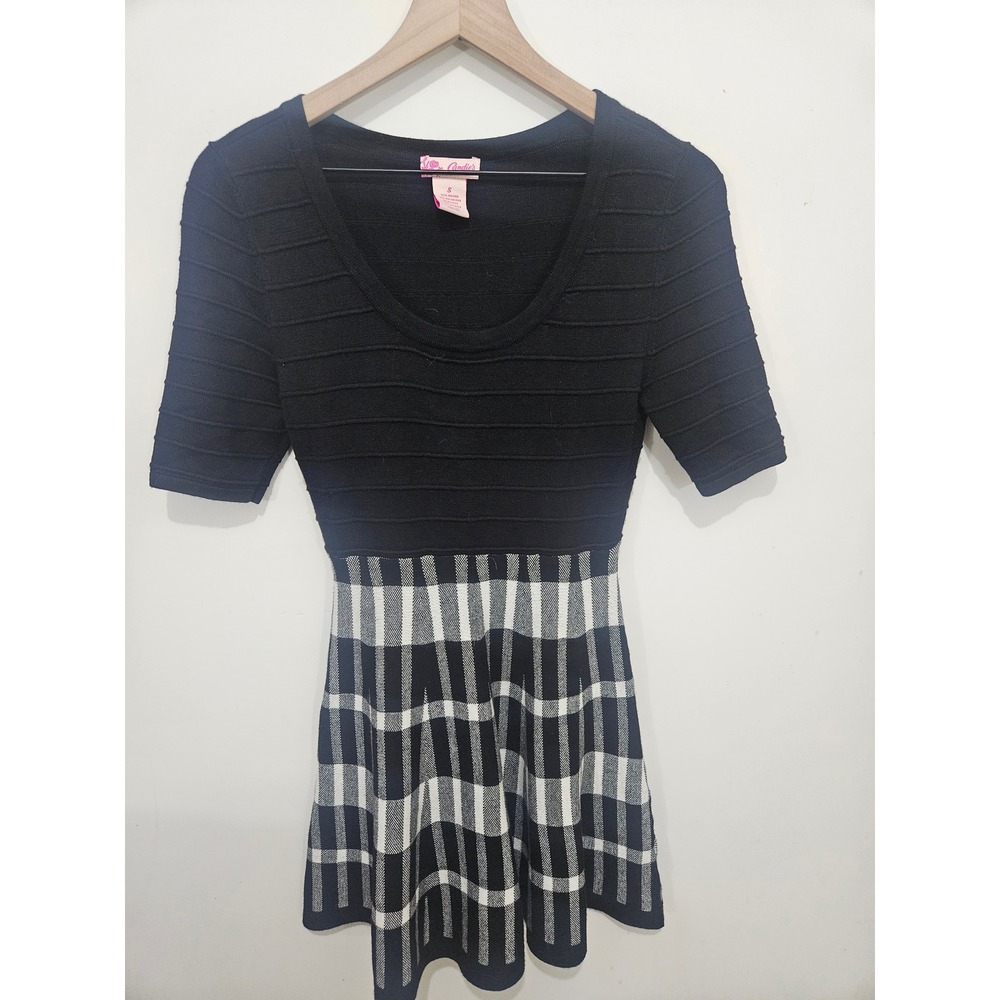 Candie's Y2K Black Plaid Knit Mini Dress S Fit Flare Preppy Grunge